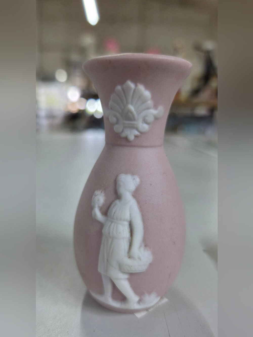 Vintage Pink Jasperware Miniature Bud Vase White Cameo Classical Relief 3.5”